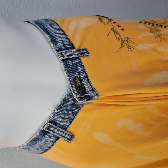 MOCHA by Moran Dahan Distressed Denim Waistband Yellow Assymetric Festival Skirt - Picture 6 of 11